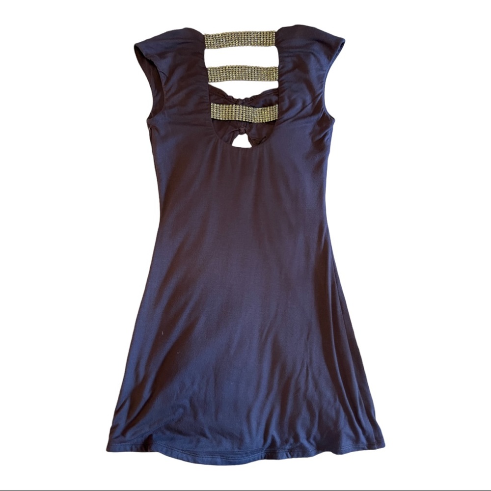 Sky Gorgeous mini dress.  Low scoop back with Gems on back straps. Keyhole front